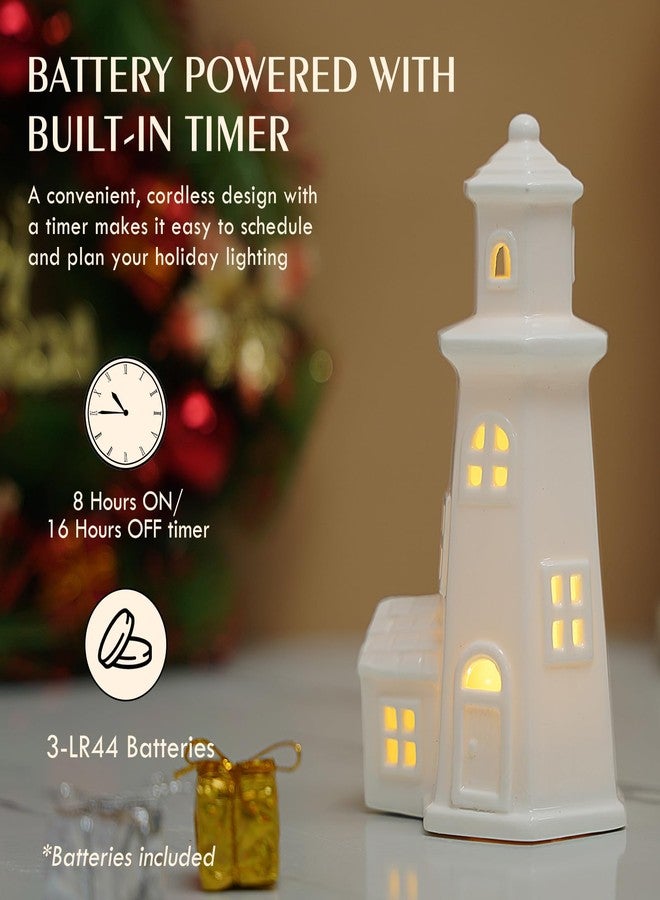 Luxstyra White Ceramic Christmas Houses Lighthouse Lamp, Small Figurines for Ceramic Christmas Village,Light Up Xmas Houses with Timer, Xmas Lighthouse Decoration for Table Bookshelf Desk - Image 3